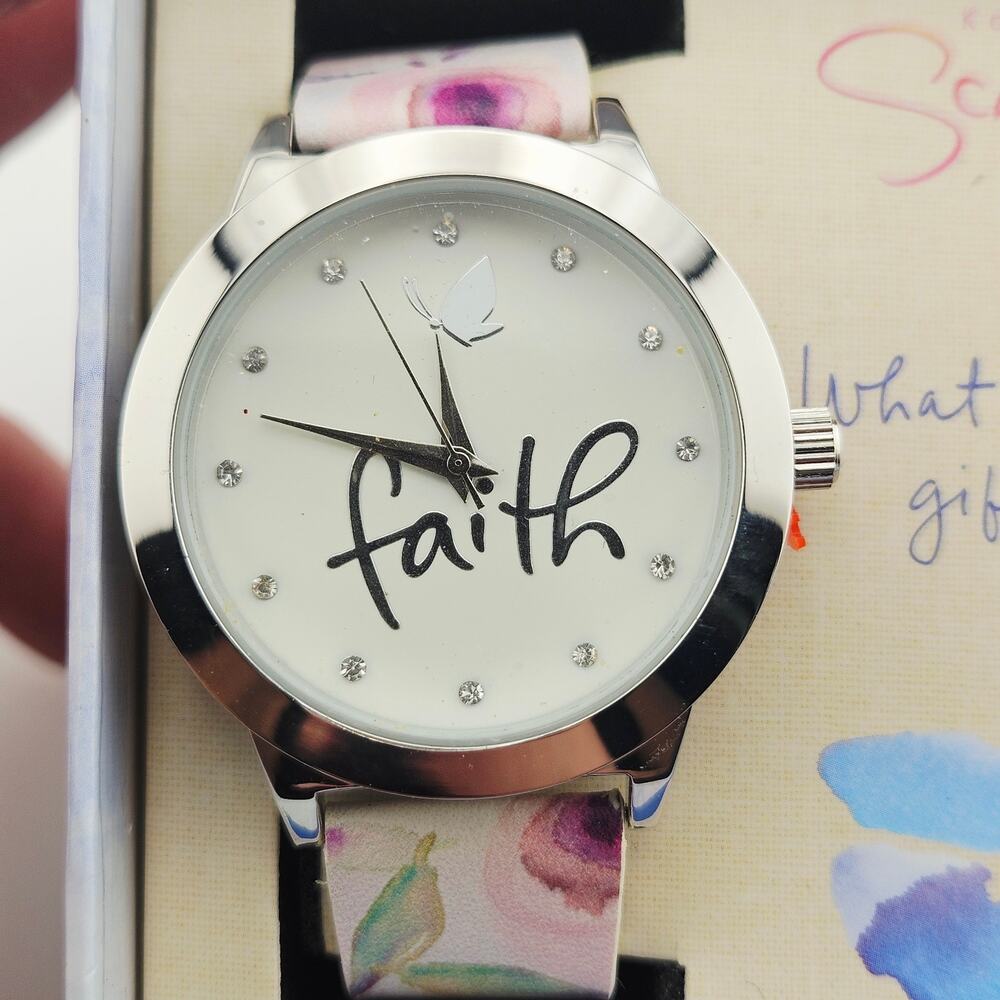 Kathy Davis Scatter Joy Analog Wrist Watch Silver Faith Graphic Pink Floral NEW - Picture 2 of 4